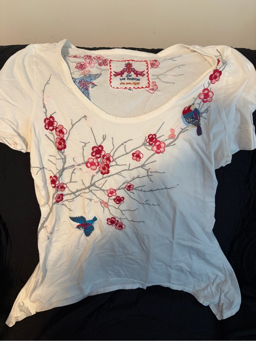 Jw Los Angeles White Short Sleeve Tee with Pink Floral & Blue Bird Embroidery